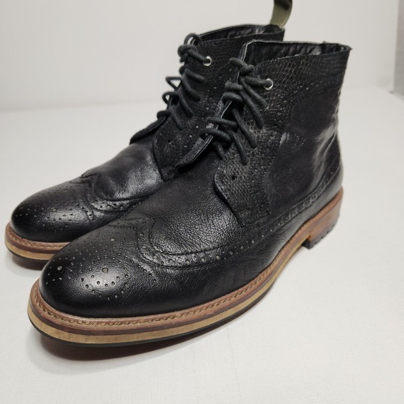 ALDO Mens Leather Boots Size 10 Black Wing Tip Lace Up Round Toe - Picture 1 of 10